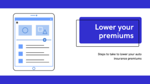 Tablet with stylized form on screen (no text). Right half of image has text, "Lower your premiums, steps to take to lower your auto insurance premiums
