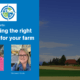 Farm with green and yellow crops in the background with large blue rectangle on top. In rectangle is the text, "Ask the experts: Choosing the right policy for your farm." Below text are photos of Darcey Beck and Stephanie Seeds, farm experts at Trucordia.