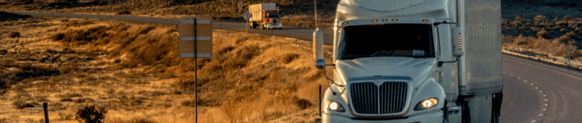 Two long-haul semi-trucks, one very close and partially visible, with another back in the distance. Both driving down an empty highway with tall, wild dry grass growing along the side.