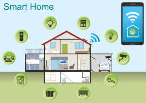 Home Infographic with technology circular buttons surrounding the home