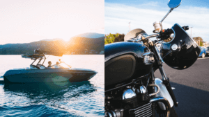 A split collage of a boat on the water and a closeup view of a motorcycle with a helmet hanging on the handlebar 