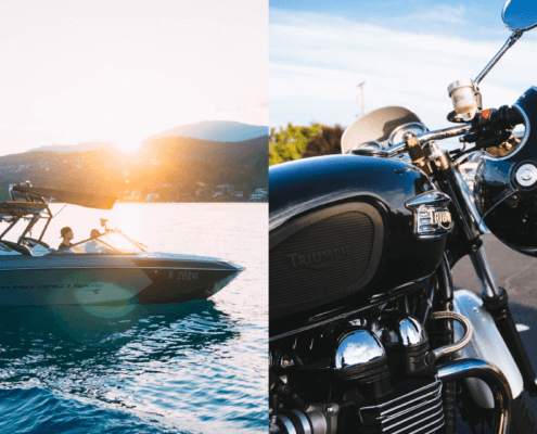 A split collage of a boat on the water and a closeup view of a motorcycle with a helmet hanging on the handlebar