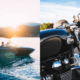 A split collage of a boat on the water and a closeup view of a motorcycle with a helmet hanging on the handlebar