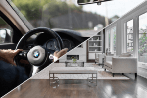 A photo collage of the interior of a vehicle and the interior of a home