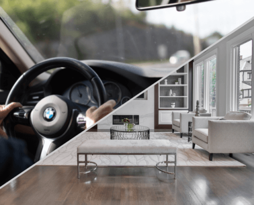 A photo collage of the interior of a vehicle and the interior of a home